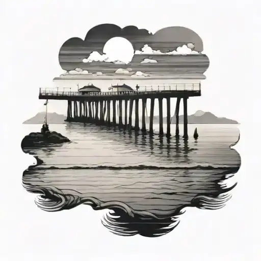 Long Pier Extending Over Water With Hill In Background