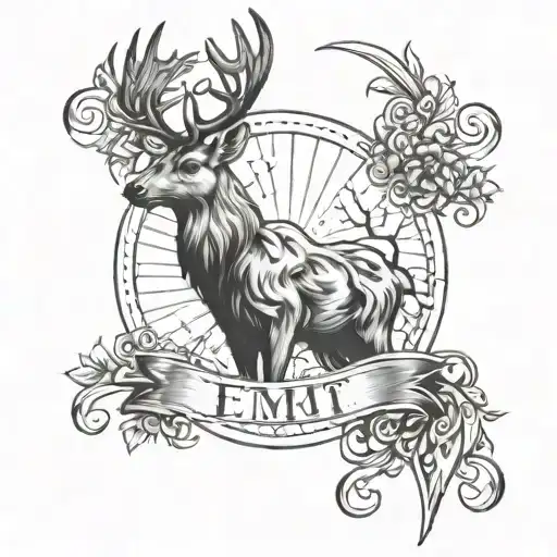 An Emt Symbol Intertwined With A Majestic Deer In Black-grey Shading
