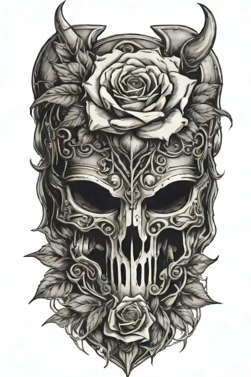 Rose Growing Out Of Knight Helmet With Bull's Horns