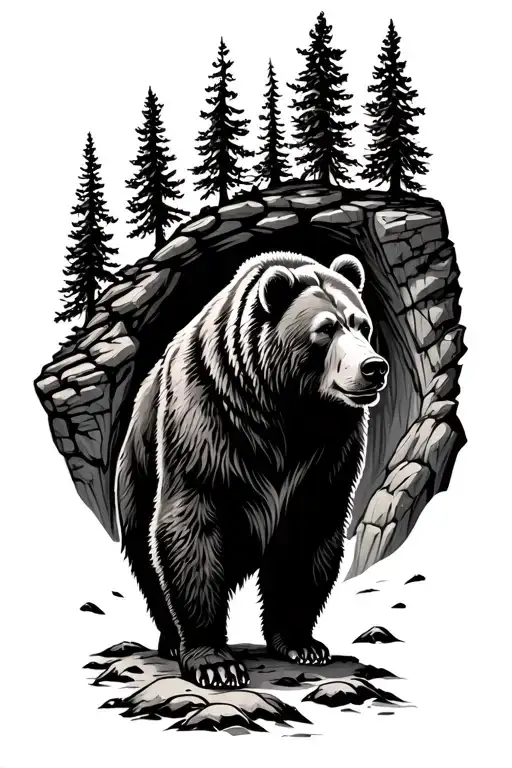Standing Bear In Front Of Cave Surrounded By Trees