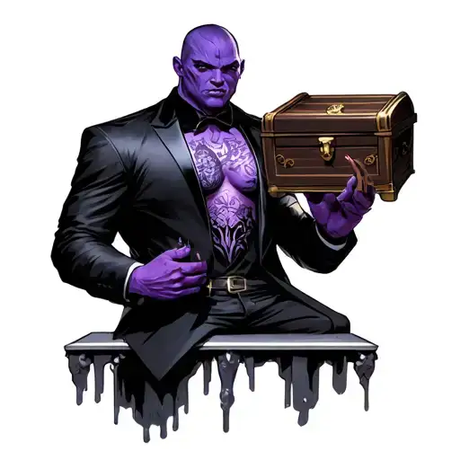 Purple Bukalemun With A Black Suit Holding A Chest Tattoo