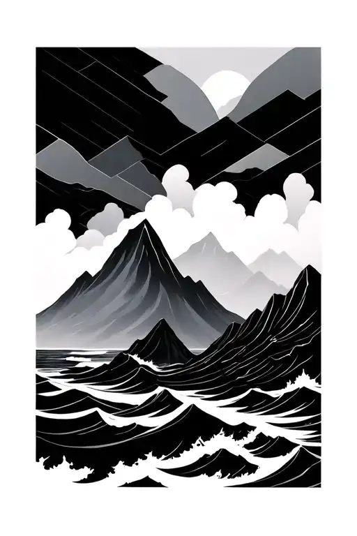Fine Line Black And Grey Geometric Ocean And Mountain