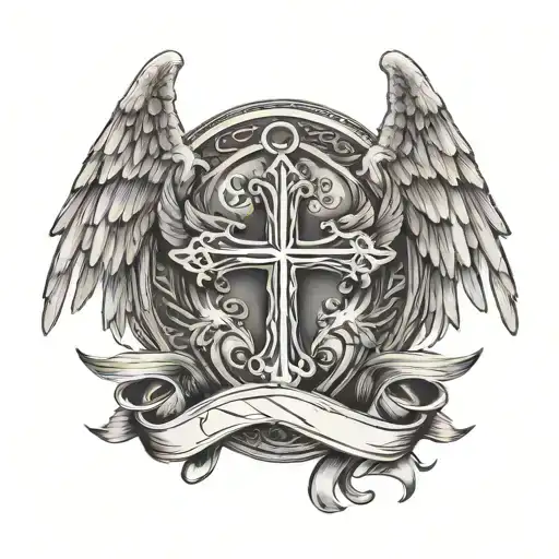 Angel Wings With Halo With Banner At The Bottom And A Cross In The Middle Of It All