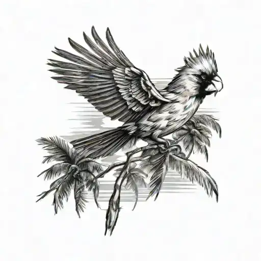 Cardinal Flying Over The Beach With Palm Trees