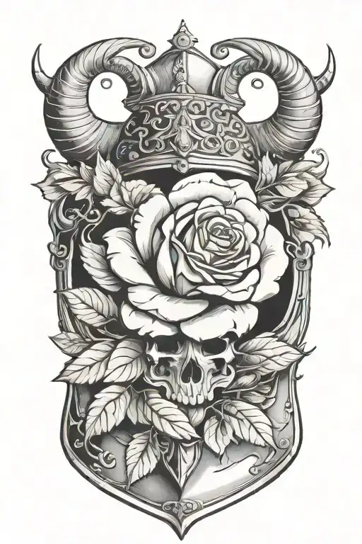 Single Rose Growing Out Of Medieval Knight Helmet With Bull's Horns