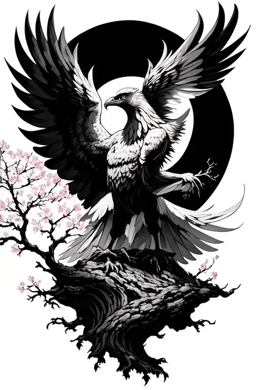 Phoenix Riding From Ashes And Cherry Blossom Tree With Full Moon In Background