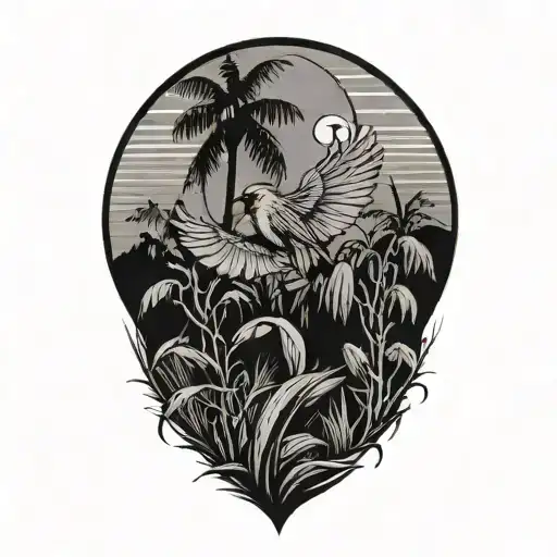 A Cardinal Flying Over A Small Corn Feild Surrounded By Palm Trees