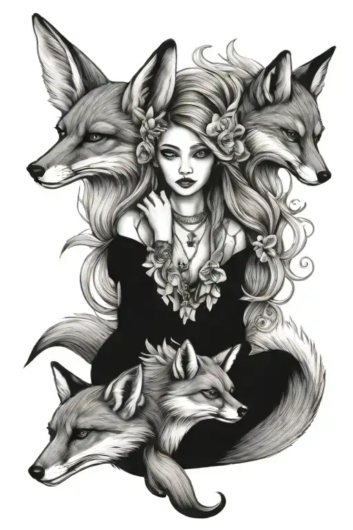 Fox With 2 Angel Foxes And One Girl Fox