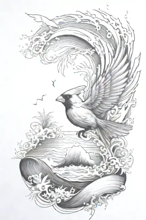 Ocean Waves With A Cardinal Flying And Showing Light And Dark And A Palm Tree On A Beach