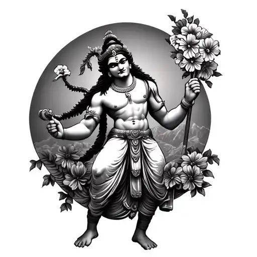 Hanuman Carrying The Mountain With Flowers In A Neoclassical Style