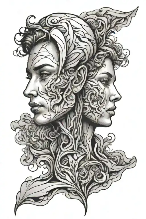 Line Drawing Of Two Faces Merged Together Facing Opposite Directions