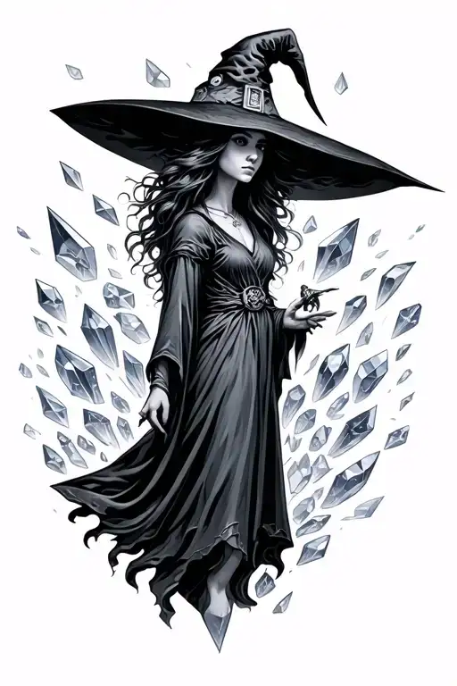 Witch And Crystals Being Dispersed