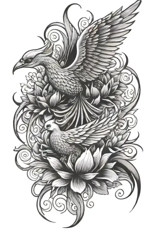 Phoenix And Lotus Flowers Intertwined