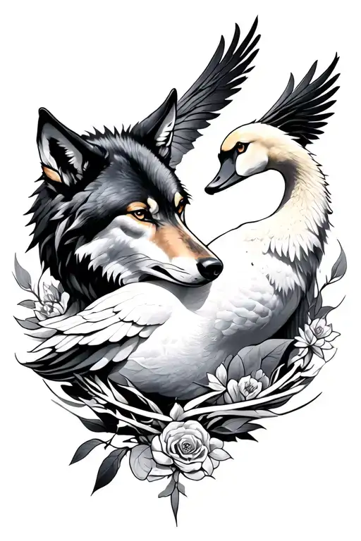Wolf And Swan Intertwined With Knive