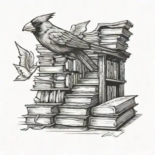 Cardinal Flying Over A Staircase Of Books