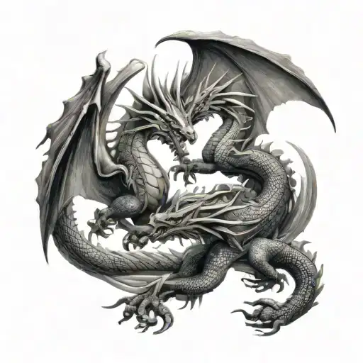 Two Dragons One Black The Other One Grey Fighting Each Other Realistic Tattoo