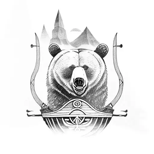Bear And Crow Design With Viking Ship Sailing Through Fjords