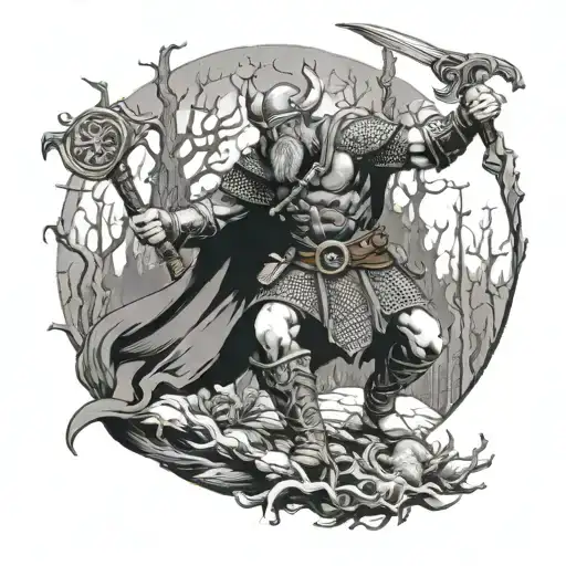 A Detailed Viking Warrior Battling A Mythical Creature In A Black-grey Forest Setting Hugo