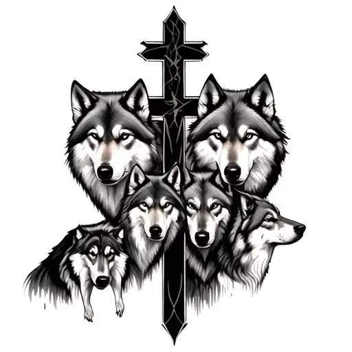 Cross With 4 Male Wolves And 2 Female Wolves