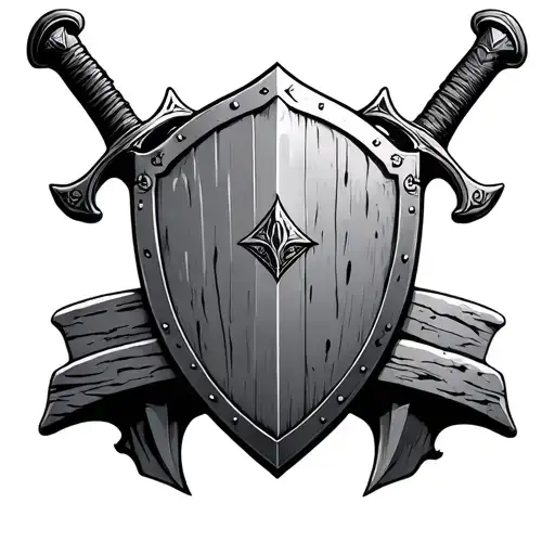 Sword And Shield In Stone Base Handle Both Swords