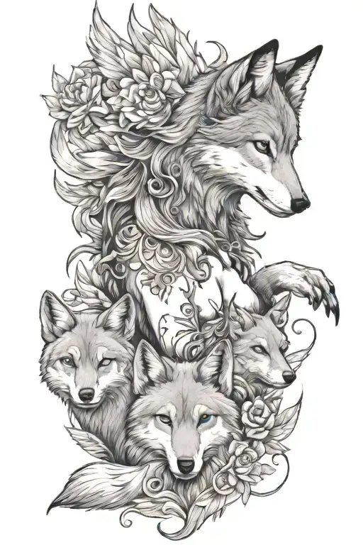 Wolf With 2 Angel Foxes And One Girl Fox
