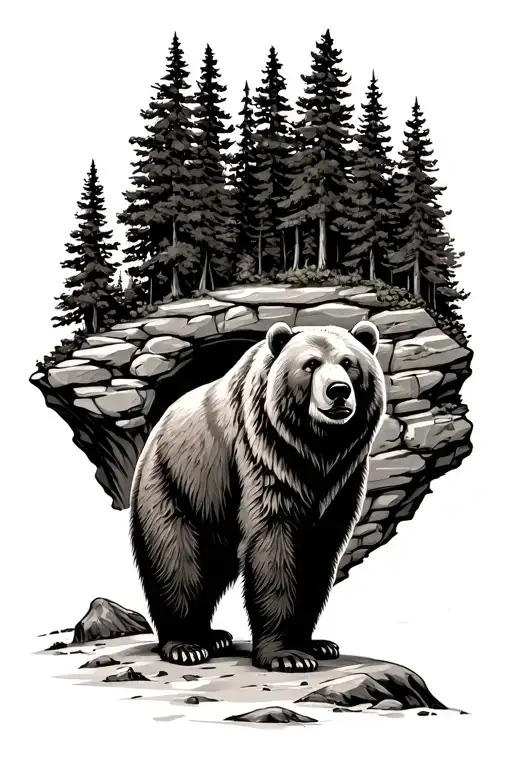 Standing Bear In Front Of Cave Surrounded By Trees