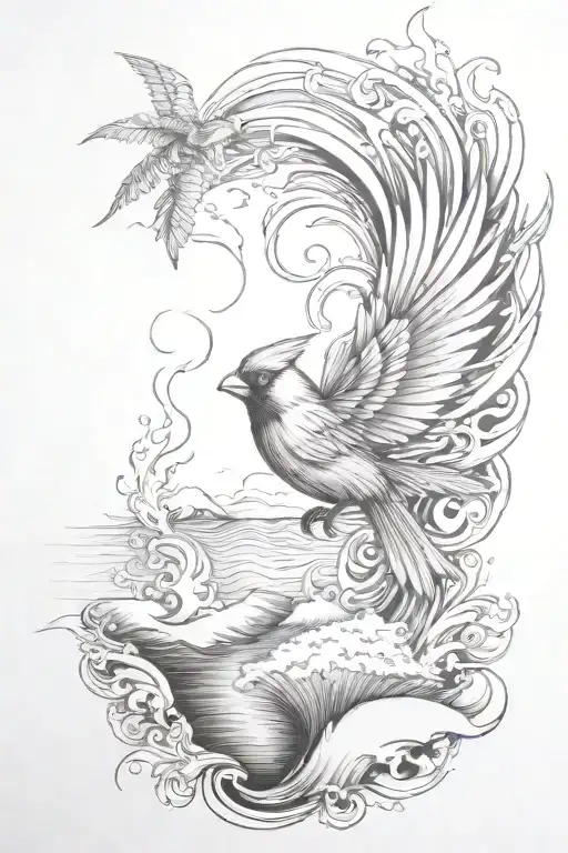 Ocean Waves With A Cardinal Flying And Flames Showing Light And Dark And A Palm Tree