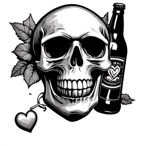 Skull With Heart And Beer Bottle