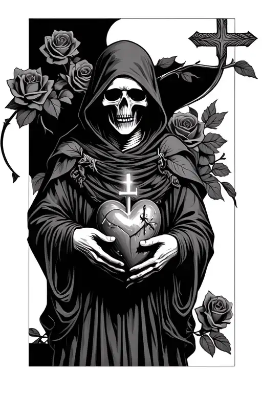 Grim Reaper Holding A Sacred Heart With Creed Above It Background With Roses