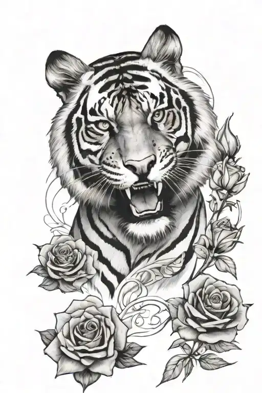 Tiger Face Roaring With Rose Under It With Red Highlights On Tiger Eyes And Rose