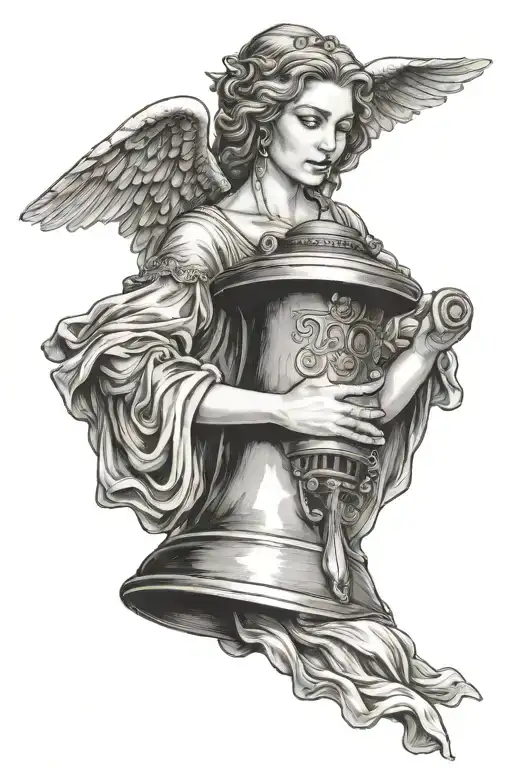 Adult Woman Angel Cradling Liberty Bell In Hands Like A Baby