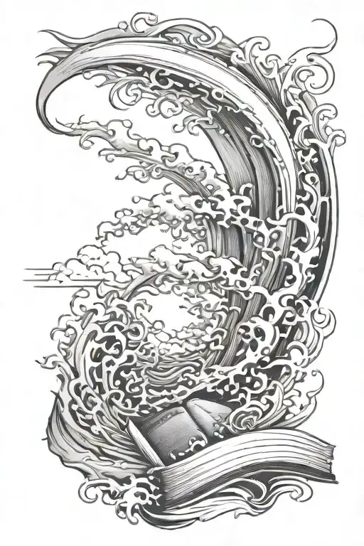 Ocean Waves With A Catdinal Flying And Flames Showing Light And Dark And A Book Page Or Books