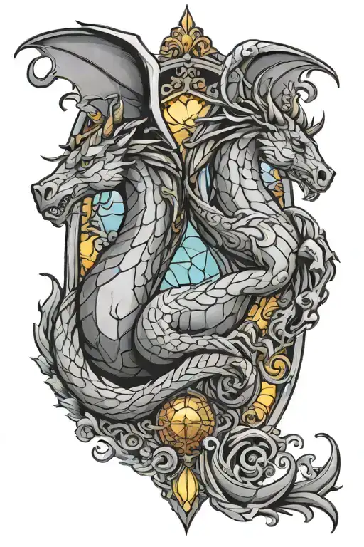 Arched Top Stain Glass With A Dragon Facung Left And A Unicorn Facing Right