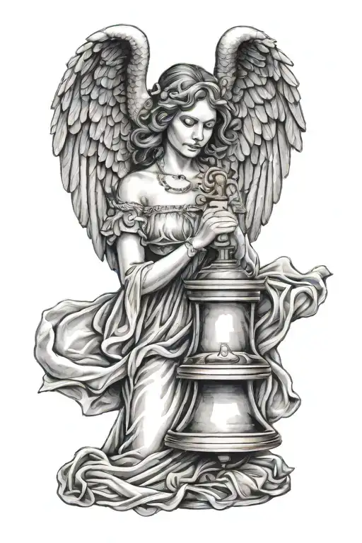Adult Woman Angel Cradling Liberty Bell In Hands Like A Baby