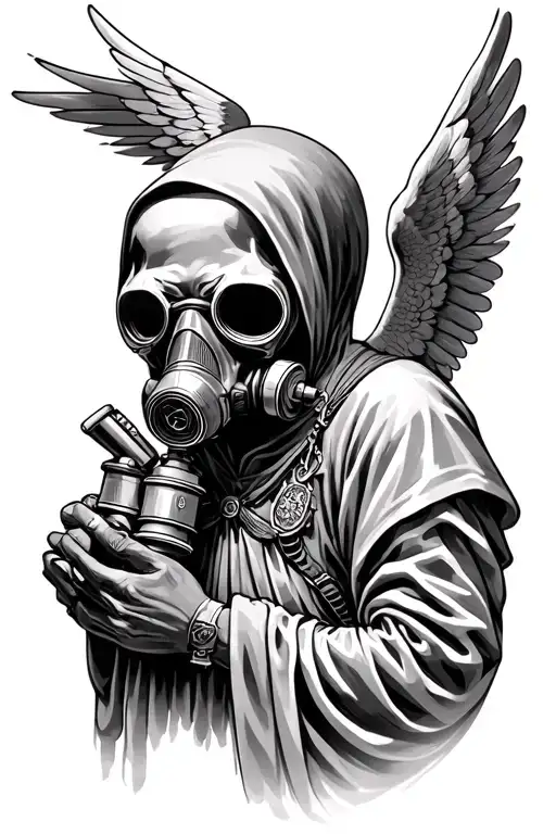 Grim Reaper And Angel Wings Wearing Gas Mask
