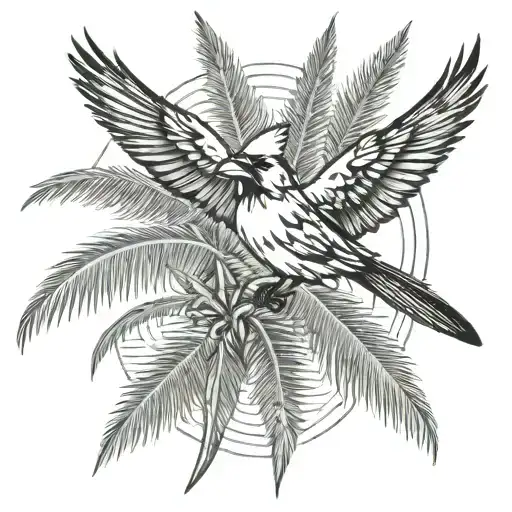 Cardinal Flying Through Palm Trees