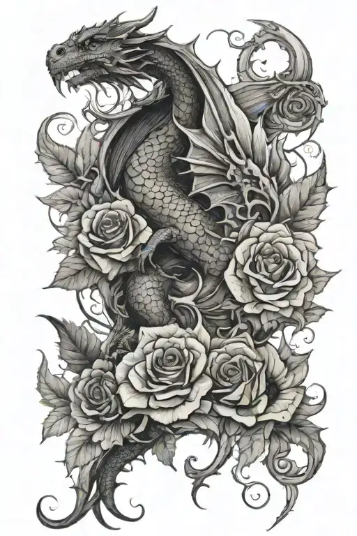 A Dragon With Wings Climbing Down The Leg With Roses And Sunflowers