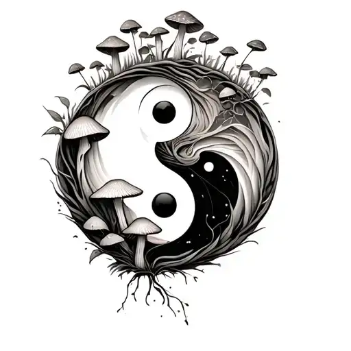 Yin And Yang With Nature And Little Mushrooms