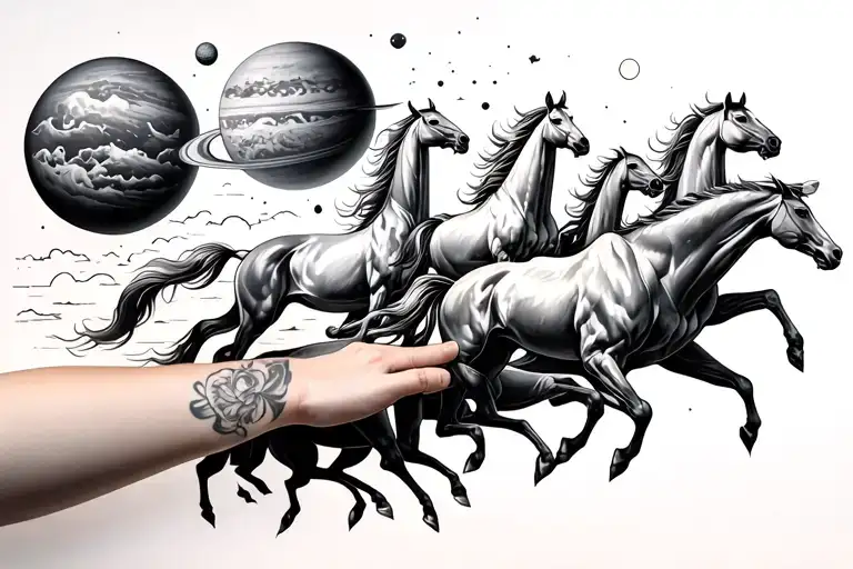 Left Hand Small Sleeve Near Elbow And Forearm With All Planets And Sun Riding Behind 7 Horses
