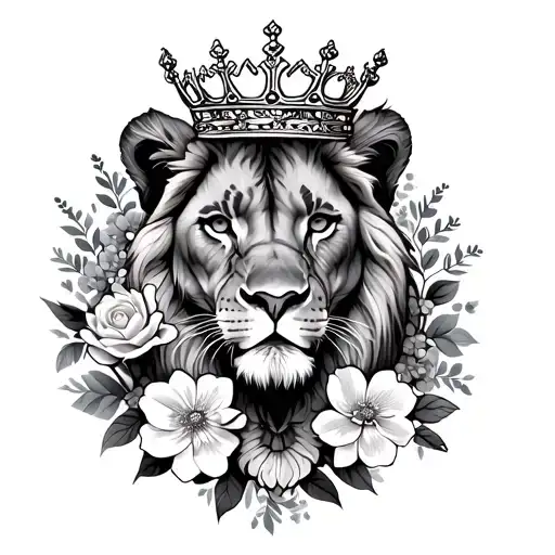 Lioness Wearing A Crown Surrounded By Flowers