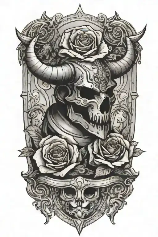 Single Rose Growing Out Of Medieval Knight Helmet With Bull's Horns