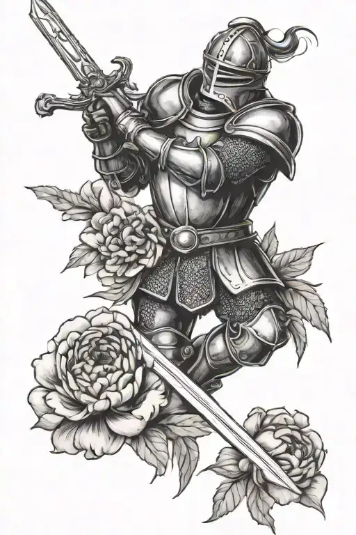 Knight With A Sword In Peonies