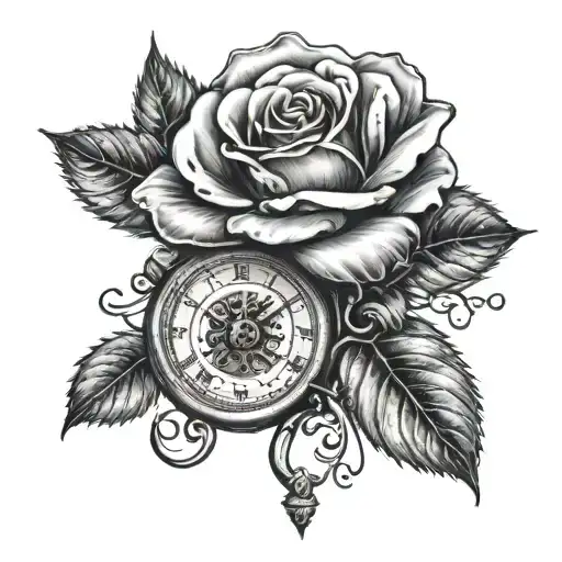 A Realistic Rose With A Old Infinity Clock Face Like A Old Pocket Watch In The Core Of The Rose