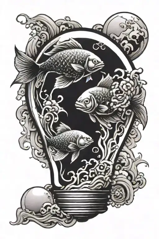 An Ocean With 2 Yin Yang Symbolic Fish Swimming Inside Of A Light Bulb