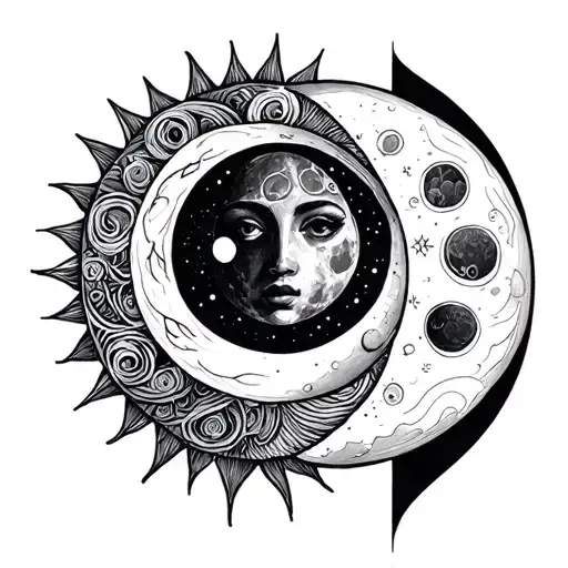 Sketch Of Tattoos Of The Moon And Sun With Patterns