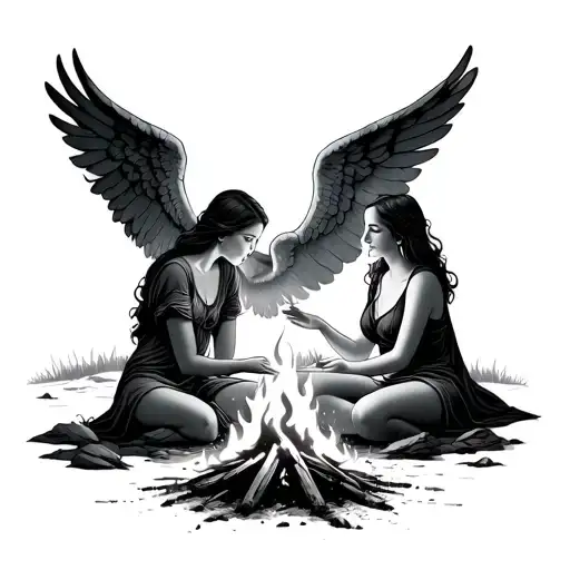 Woman Sitting At A Campfire Next To An Angel Flying