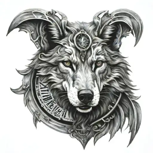 A Roman Clock Blended Realistic Wolf Head