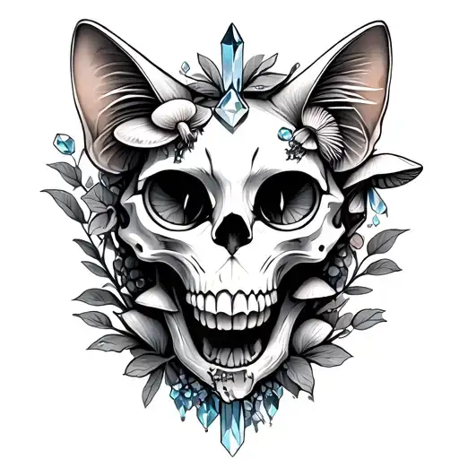 Cat Skull With Mushrooms And Crystals