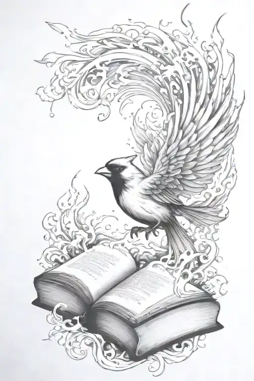 Ocean Waves With A Cardinal Flying And Flames Showing Light And Dark And A Book Page Or Books
