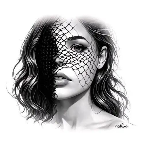 Side Of Women Face With A Fish Net Covering Half Her Face